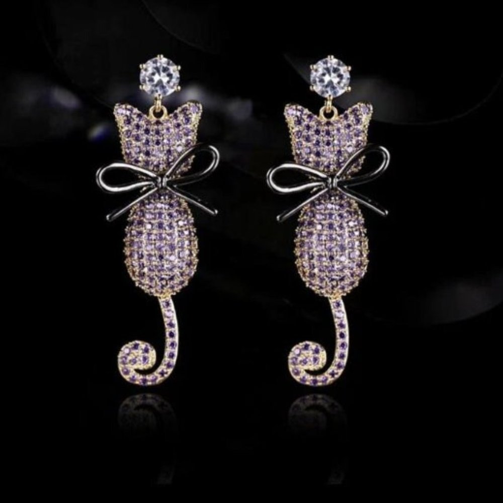 Micro Inlaid Zircon Cute Bow Cat Earrings - Drop Earrings - Dangle Earrings